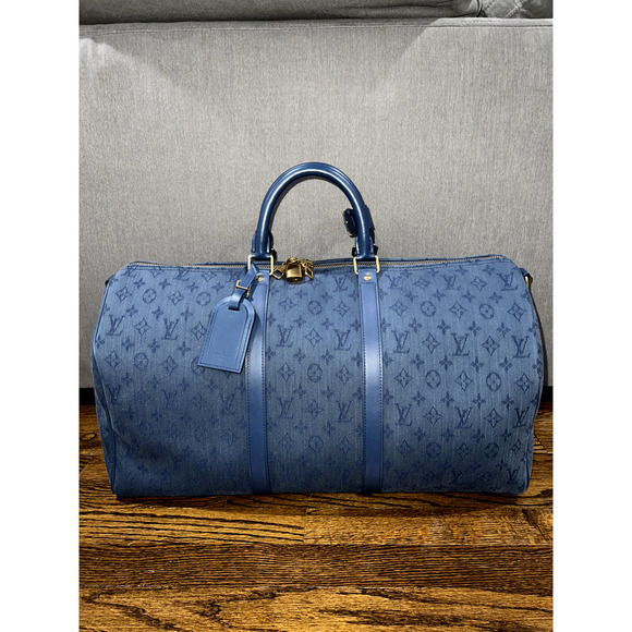 Louis Vuitton Keepall Bandouliere 50 Denim Blue Monogram Logo Weekend Travel Bag - Picture 2 of 10